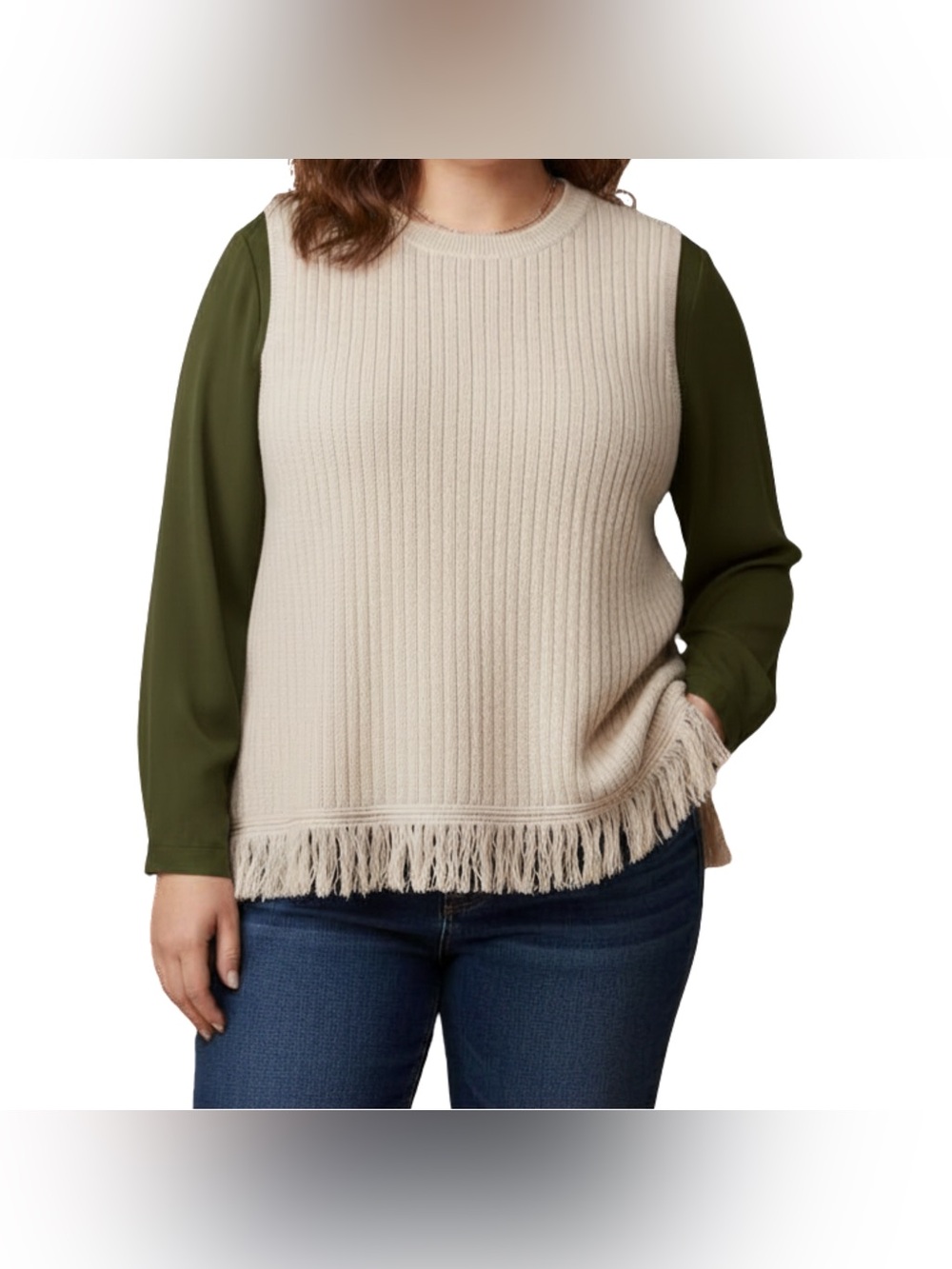 J. Crew Sweater Vest 3X Women’s Cream Ribbed‎ Knit Fringe Hem Plus Size